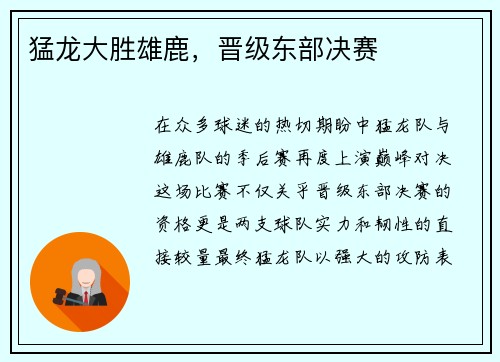 猛龙大胜雄鹿，晋级东部决赛