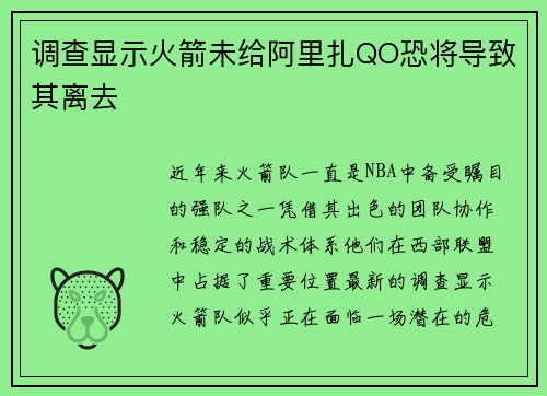 调查显示火箭未给阿里扎QO恐将导致其离去