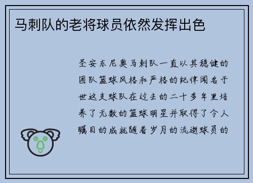 马刺队的老将球员依然发挥出色